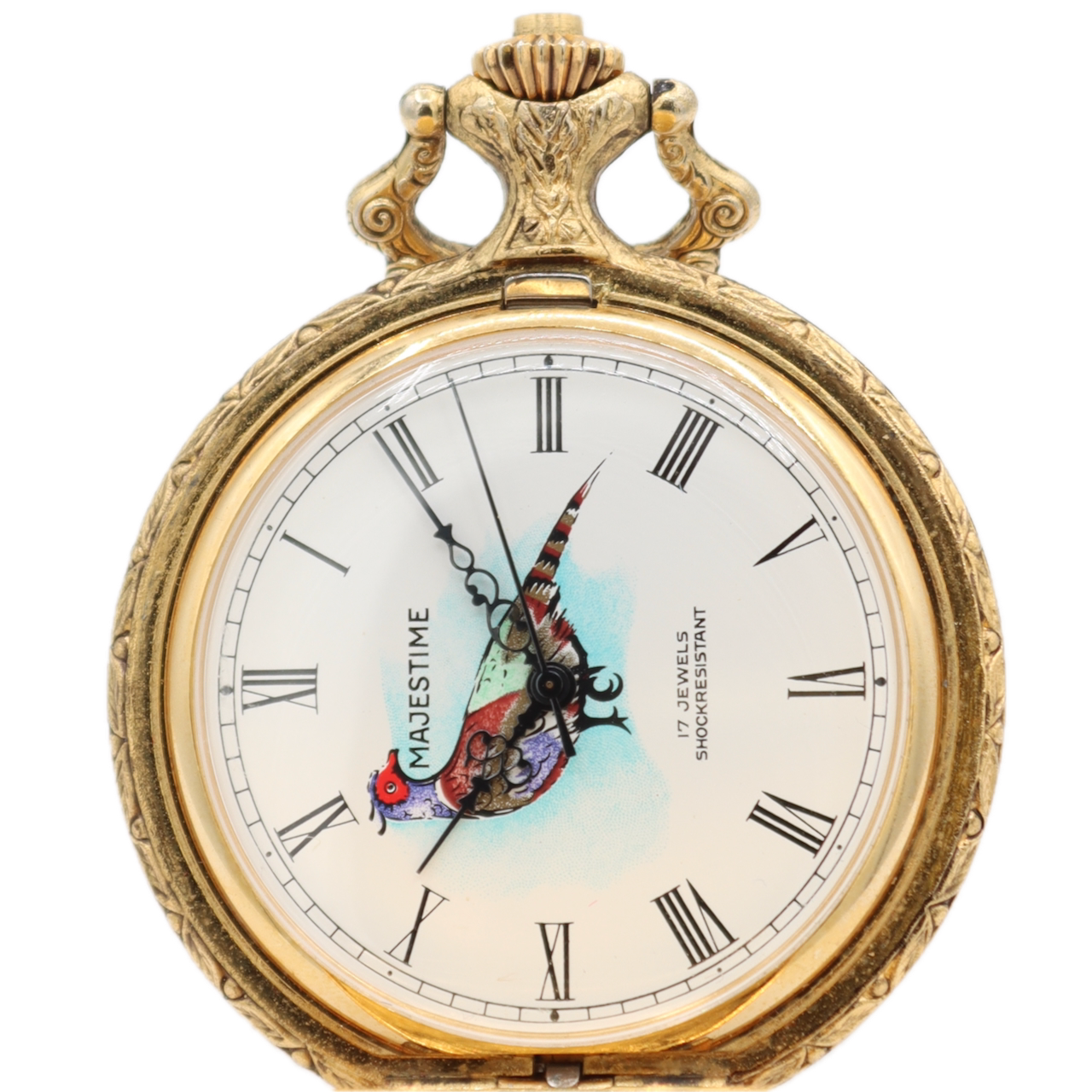 Antique Majestime Bird Dial 17 Jewel Mechanical Hunter Pocket Watch Swiss