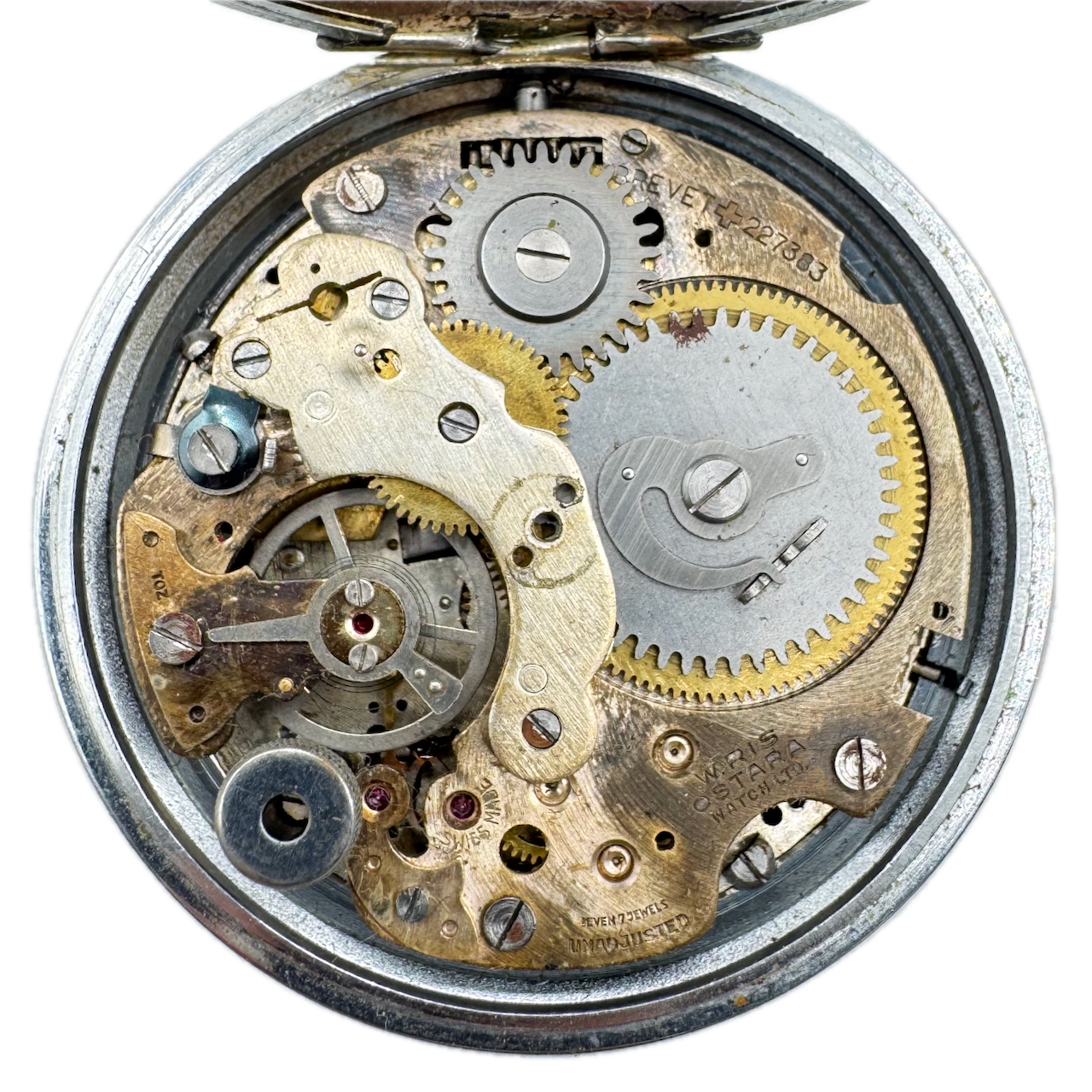 Antique Hydate Black 7 Jewel Mechanical Alarm Pocket Watch Steel Swiss Made