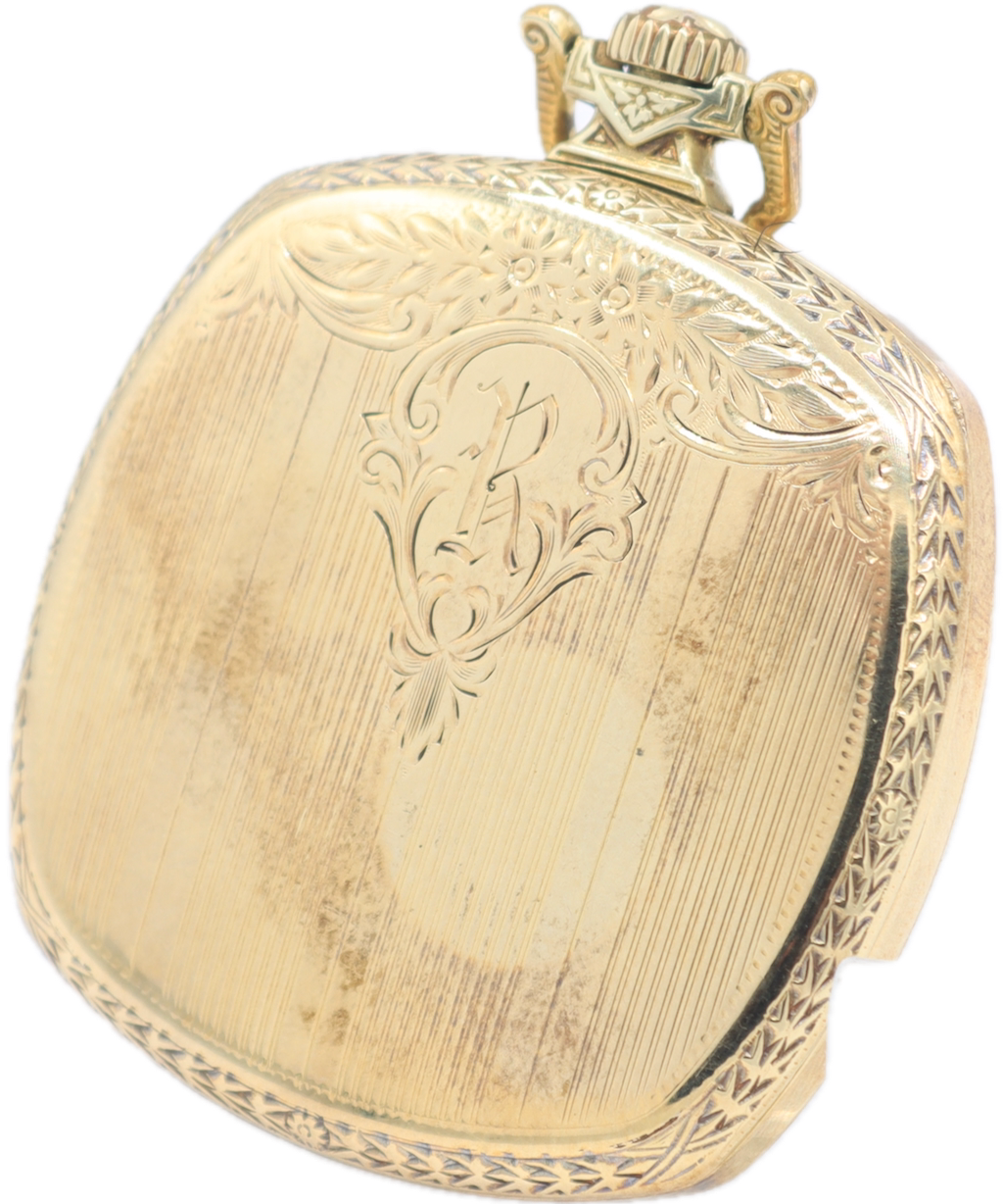 Vintage 12s 1929 Waltham Pinstriped Cushion 17 Jewel Pocket Watch 225 14k GF