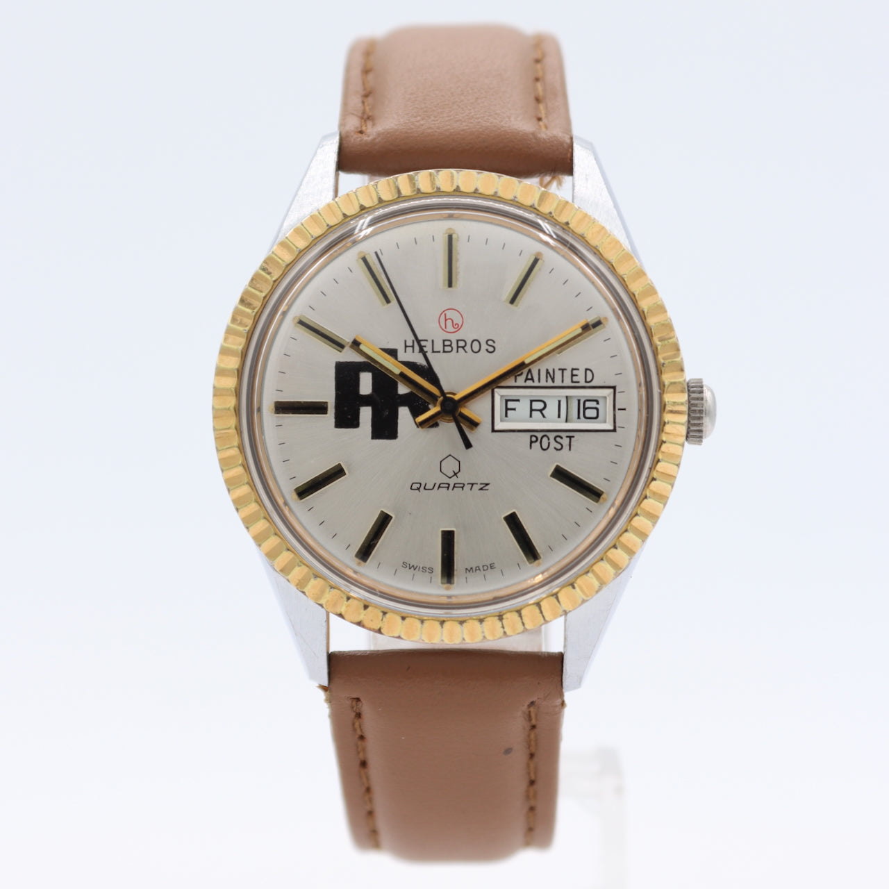 Vintage Helbros Day Date Painted Post Logo Men's Quartz Wristwatch Two ToneRuns