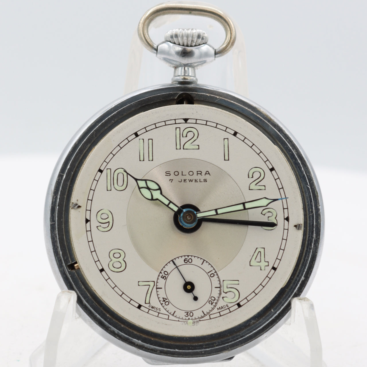 Antique 54mm Solora Mechanical Alarm Pocket Watch Chrome Plated Swiss Made