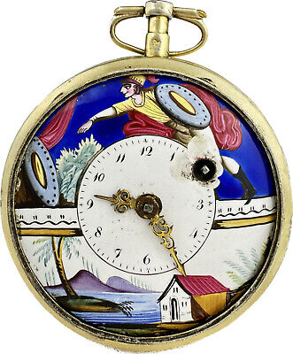 Antique Key Wind Fusee Pocket Watch French w Fancy Enamel Painted Scene Dial