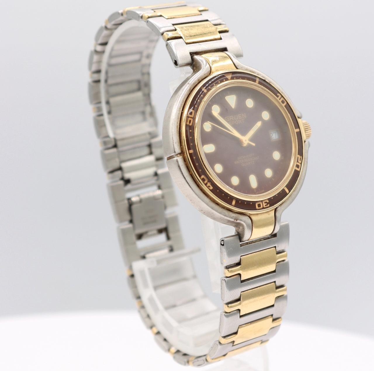 Vintage 36mm Gruen 321-2115 Sport Chocolate Men's Quartz Wristwatch Two Tone