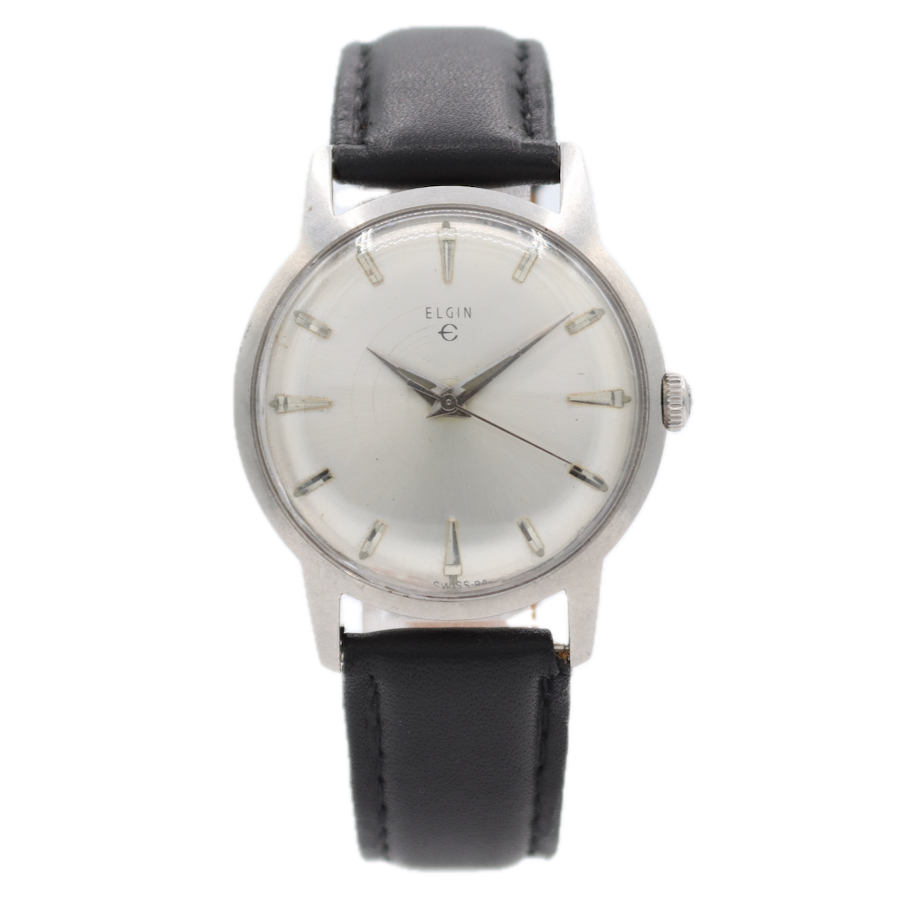 Vintage 33mm Elgin 6965 Silver Sunburst Men's Mechanical Wristwatch Swiss Steel