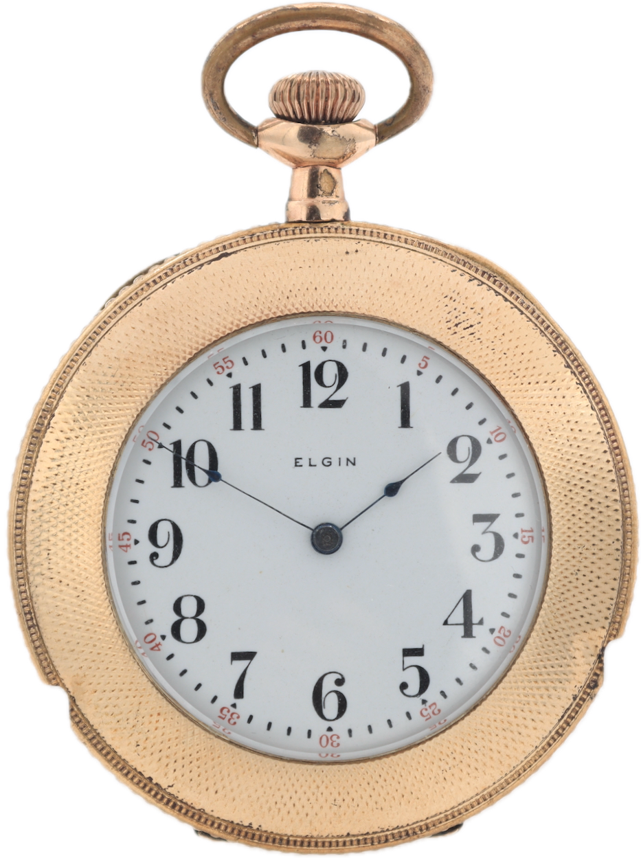 Antique 6s 1915 Elgin Guilloche Coin Style Pocket Watch 289 Gold FIlled USA