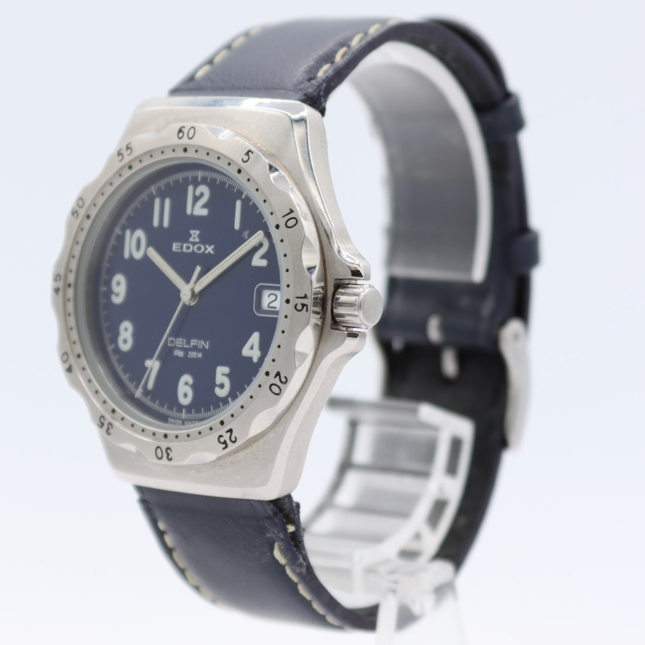 37mm Edox 70080 Delfin 200M Date Men's Quartz Wristwatch Swiss Steel Blue Dial