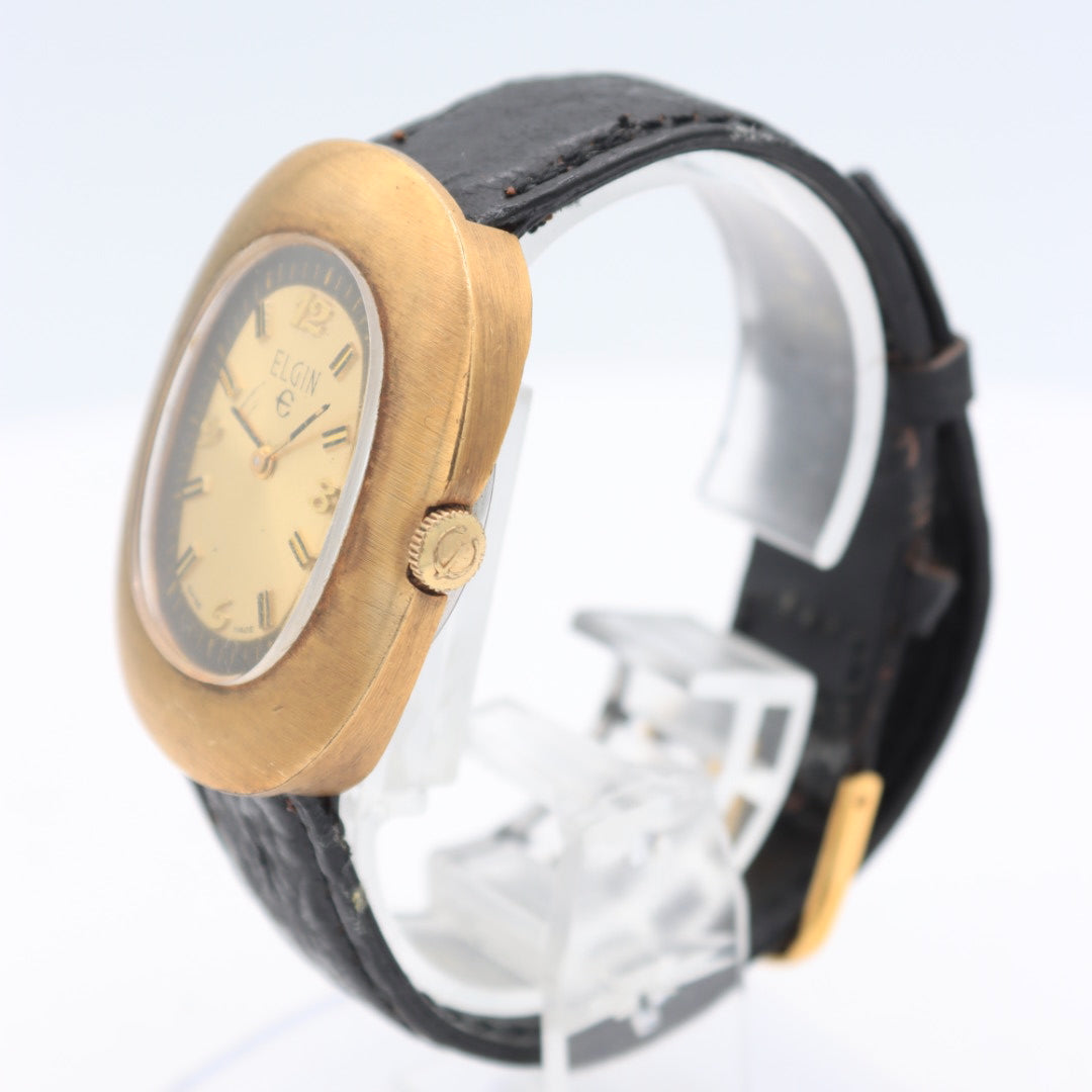 Vintage Elgin Egg Gold Sunburst Men's Mechanical Wristwatch 977 Swiss Gold Tone