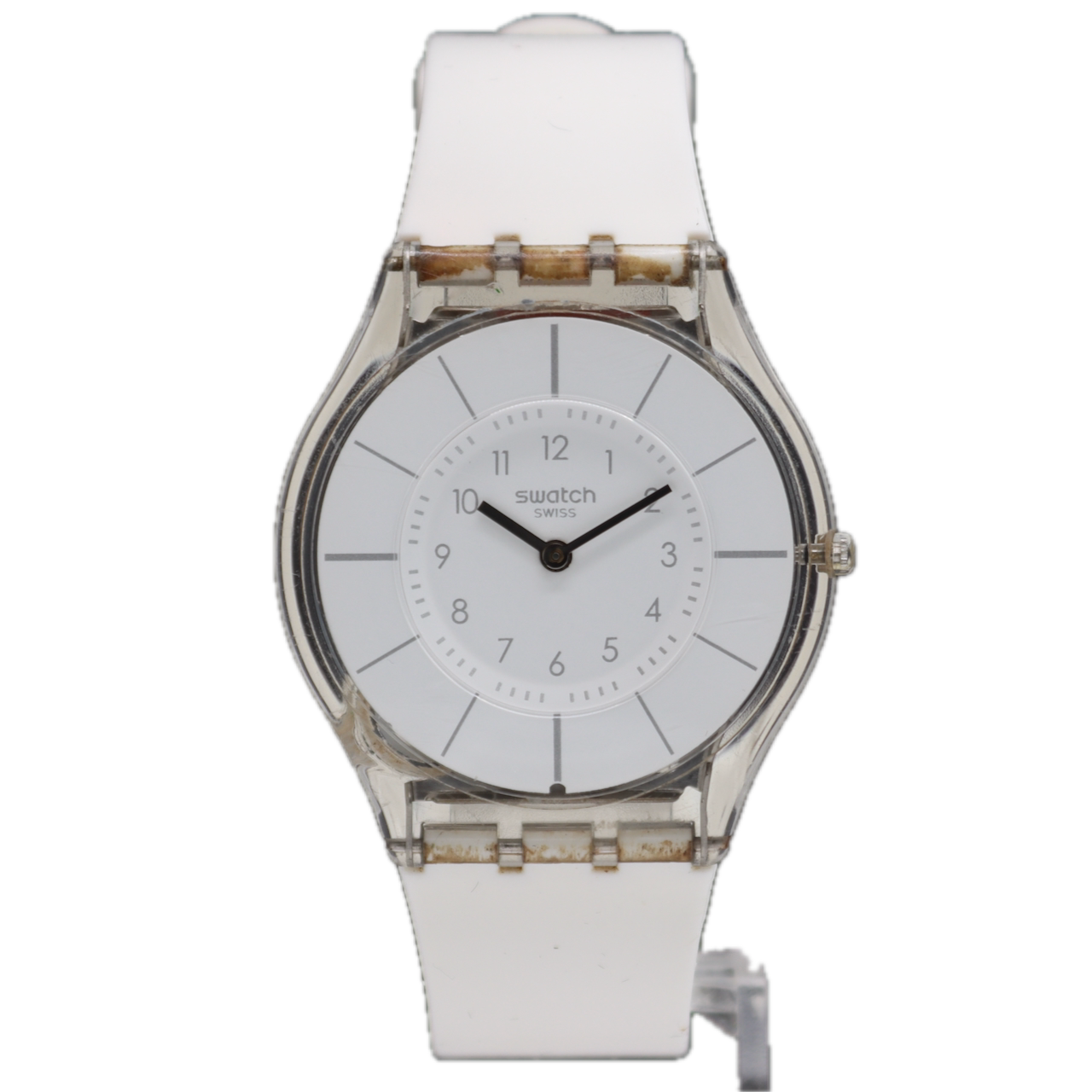 34mm Swatch White Dial Unisex Quartz Wristwatch Swiss Made Transparent Case