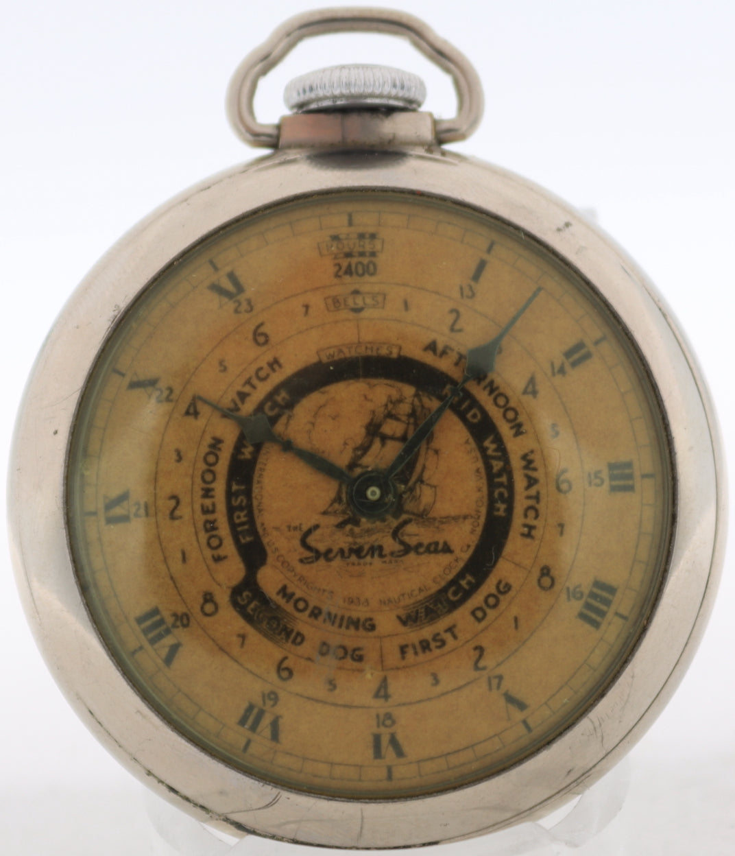 Antique E. Ingraham Co Seven Seas Mechanical Pocket Watch 28 Chrome Plated USA