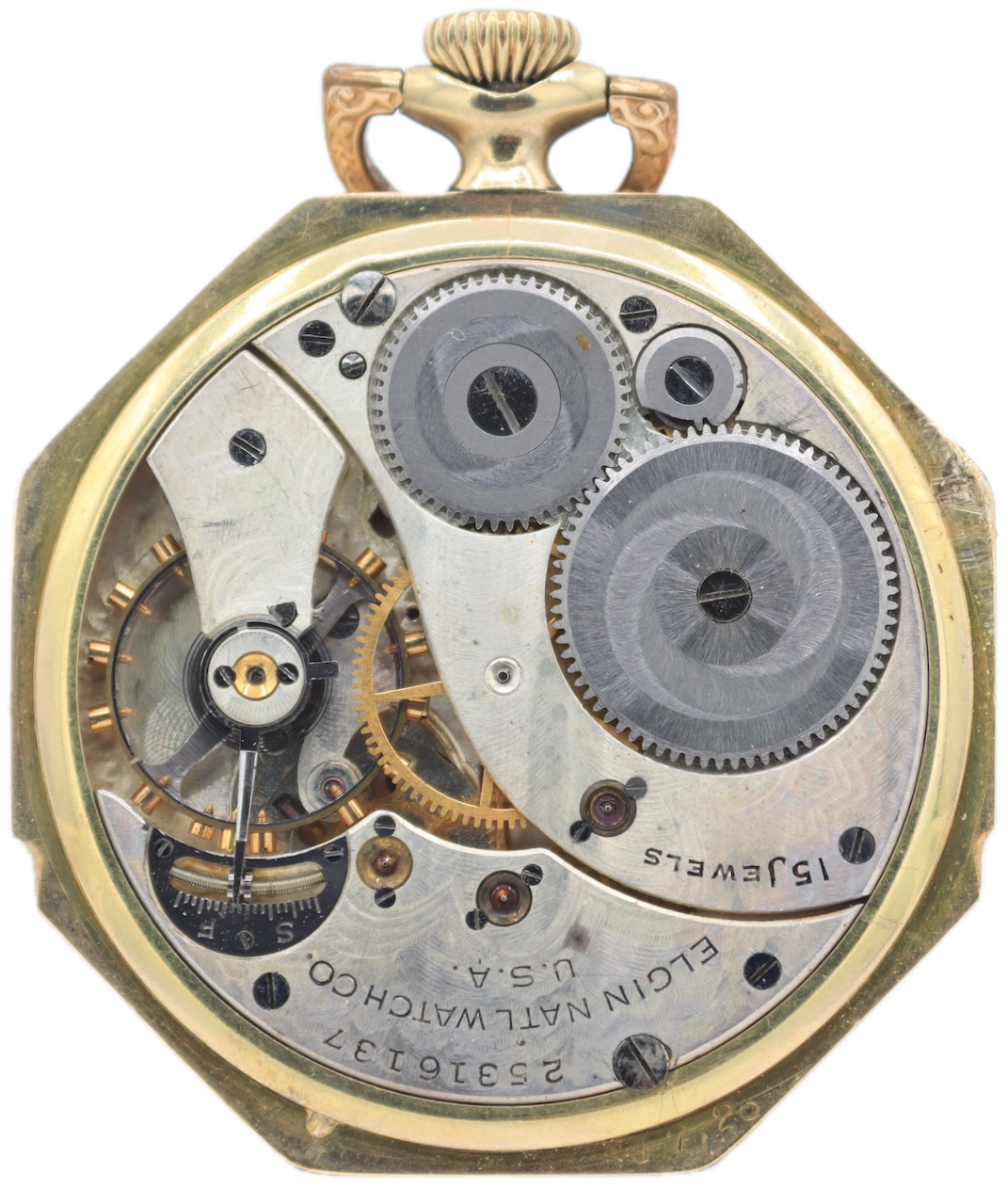 Antique 12s 1923 Elgin Octagonal Pinstriped 15 Jewel Pocket Watch 315 USA