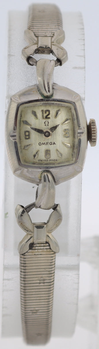 Vintage Omega Linen Cocktail Ladies Mechanical Wristwatch 482 10k White GF