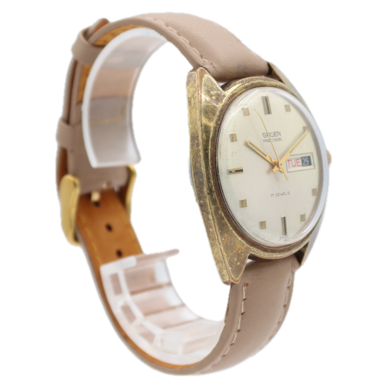 Vintage 36mm Gruen 510 CD Day Date Men's Mechanical Wristwatch 512 CD Gold Tone