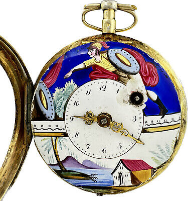 Antique Key Wind Fusee Pocket Watch French w Fancy Enamel Painted Scene Dial
