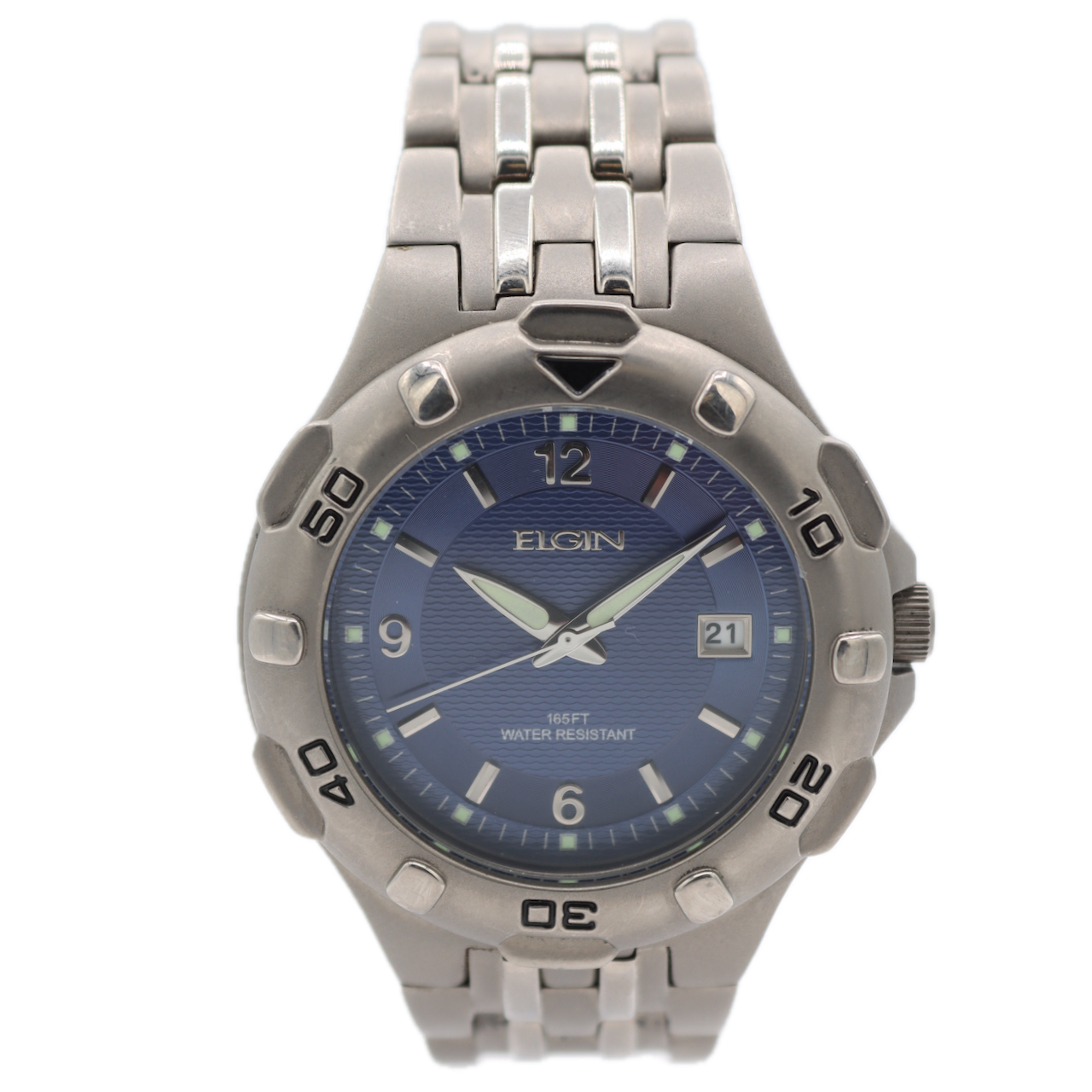 Vintage Elgin 164 Aqua Blue Date Men's Quartz Wristwatch PC32A Japan Titanium