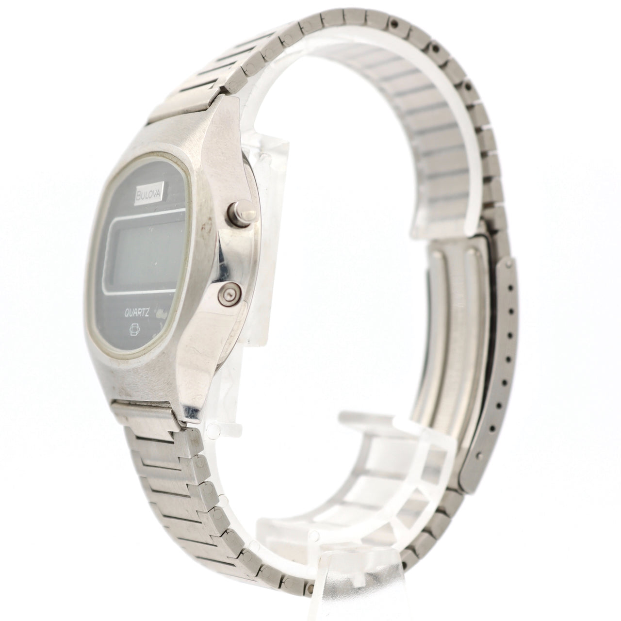 Vintage 37mm Bulova Quartz Men's Digital LCD Wristwatch Swiss Steel w Bracelet