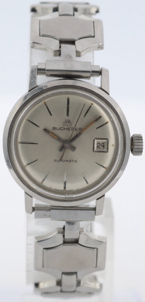Vintage Bucherer Sunburst Date Ladies Automatic Wristwatch Swiss Steel