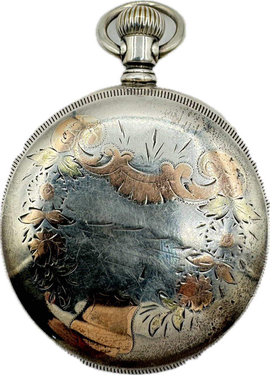 Antique 18S Elgin Gold Gilt Stag Open Face Pocket Watch 240 Sterling Silver
