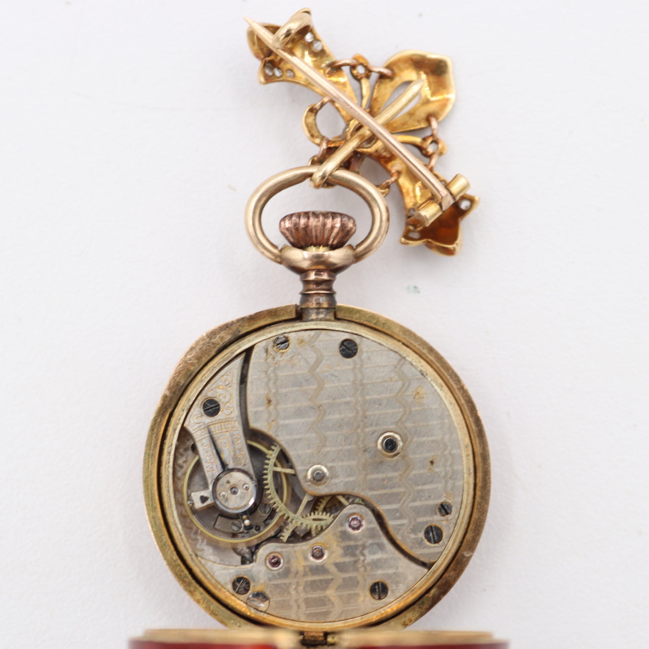 Vintage Red Enamel w Mine Cut Diamonds Mechanical Pendant Watch 14k Gold