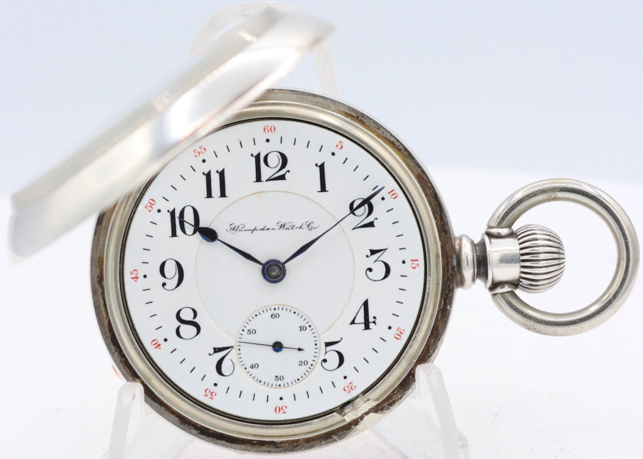 Antique 18s 1898 Hampden Floral Railroad Pocket Watch Coin Silver USA