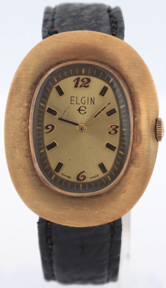 Vintage Elgin Egg Gold Sunburst Men's Mechanical Wristwatch 977 Swiss Gold Tone