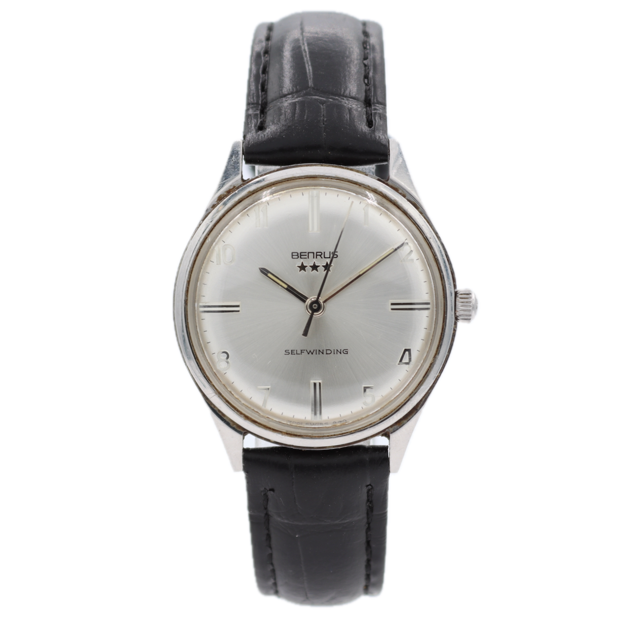 Vintage 32mm Benrus 7001 Sunburst Men's Automatic Wristwatch Swiss Steel 3 Star