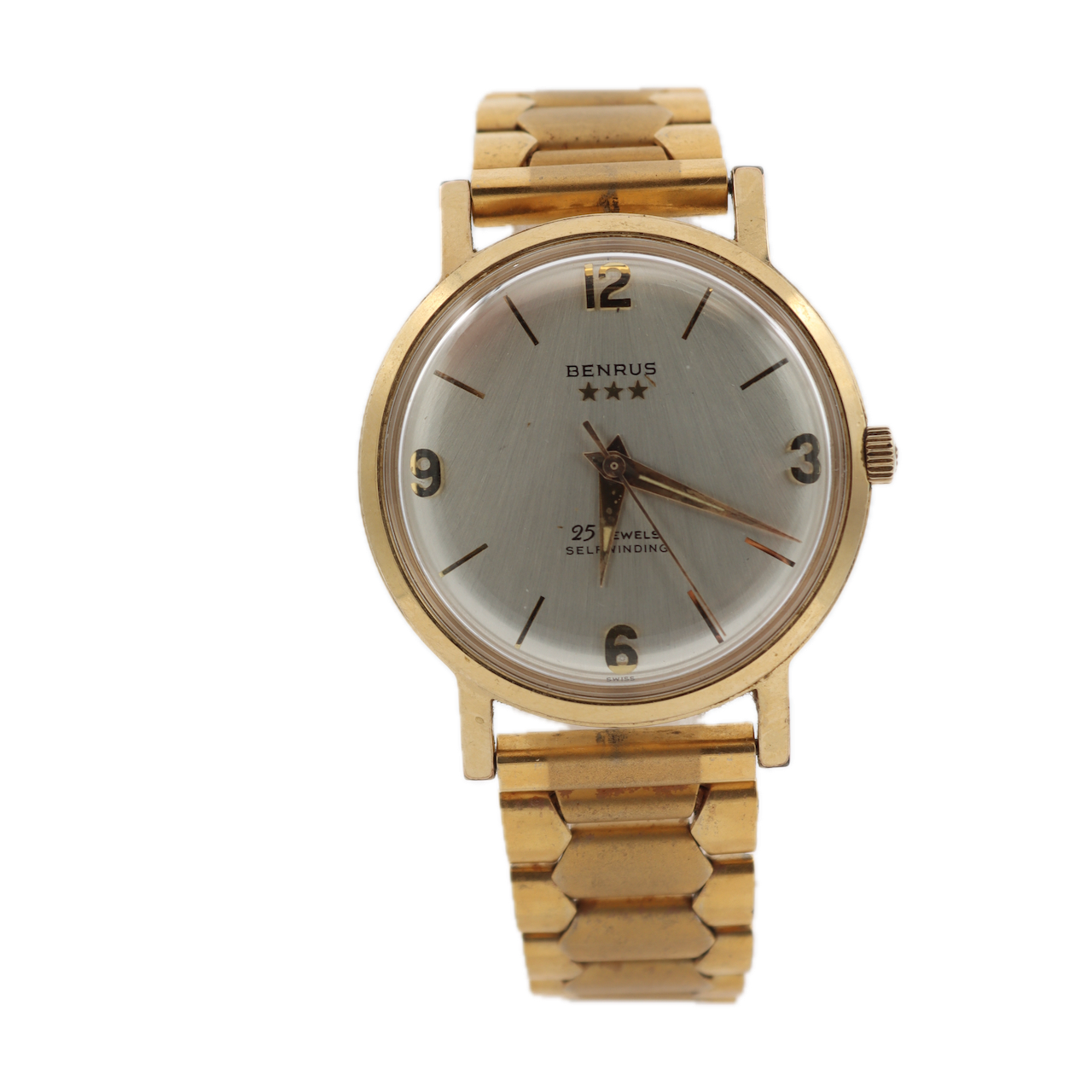 Vintage 34mm Benrus 3021 3 Star Men's Automatic Wristwatch Swiss Made Gold Tone