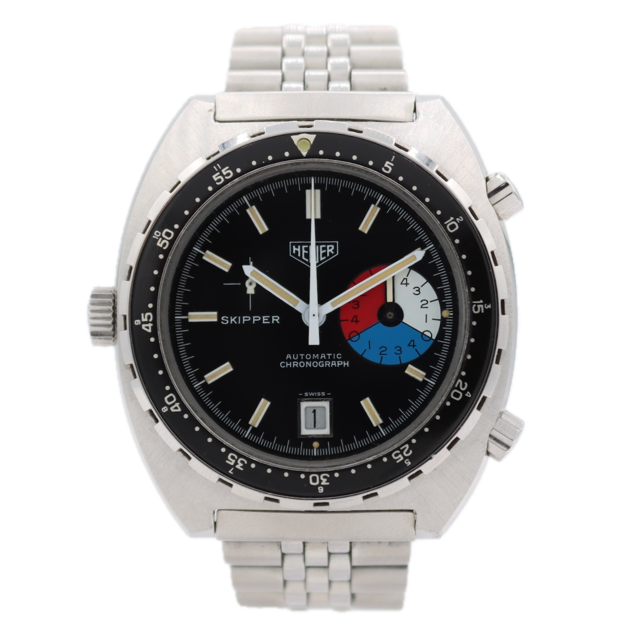 Vintage 42mm Heuer 1540 Skipper Date Men's Chronograph Wristwatch 15 Swiss Steel