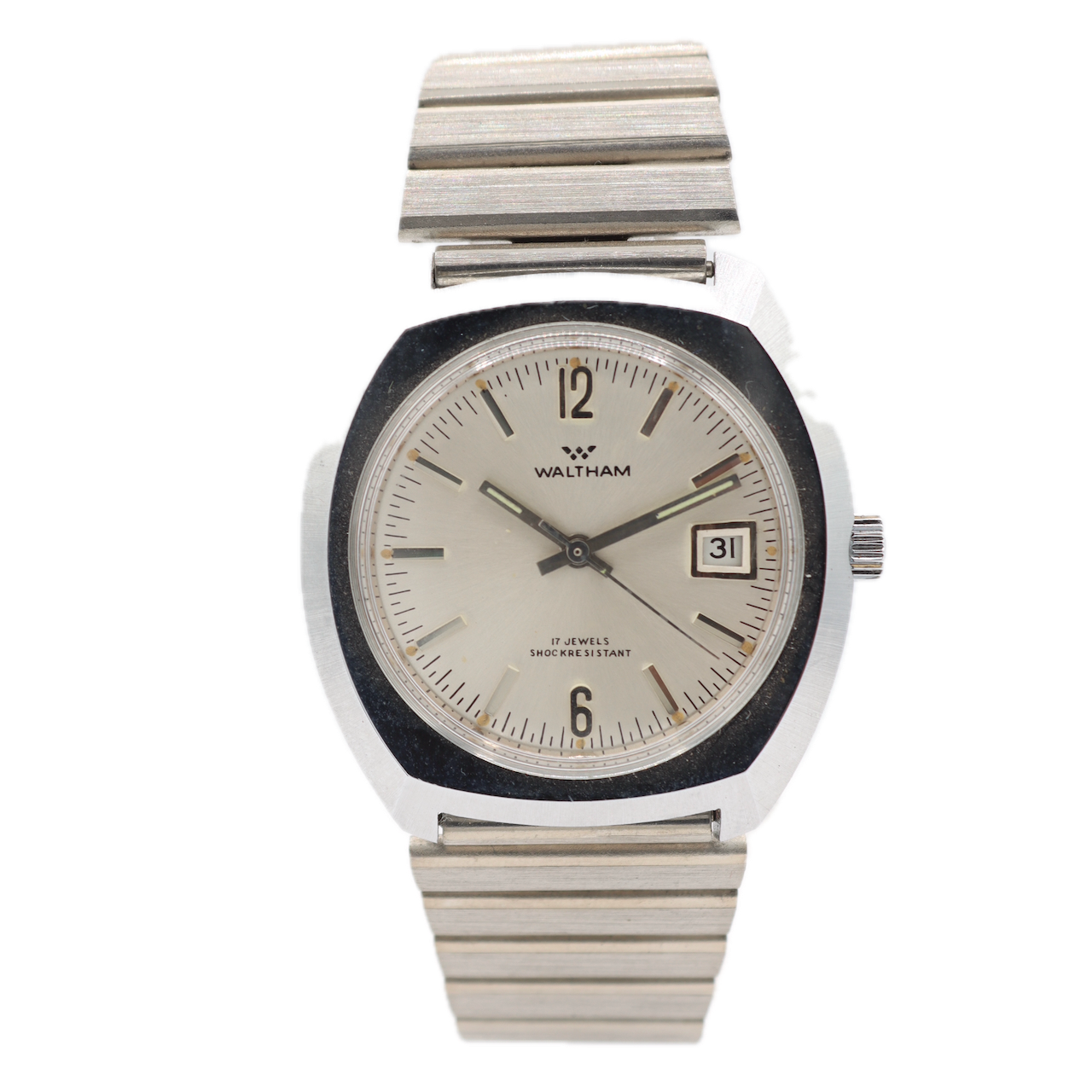 Vintage 38mm Waltham Date Brushed Men's Mechanical Wristwatch Chrome Plated NOS