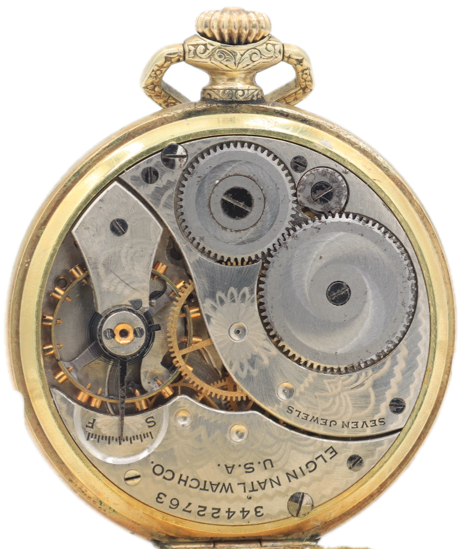 Vintage 12s 1933 Elgin Pinstriped 7 Jewel Pocket Watch 303 14k GF USA