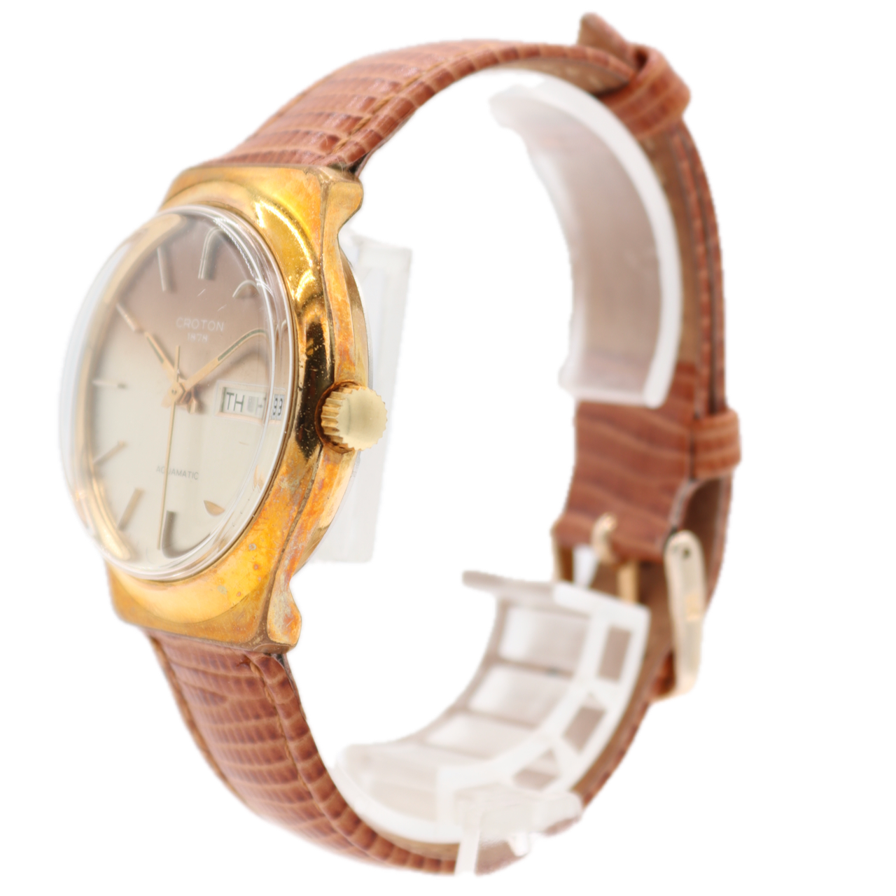 Vintage 34.5mm Croton Day Date 17J Men's Automatic Wristwatch Swiss Gold Tone