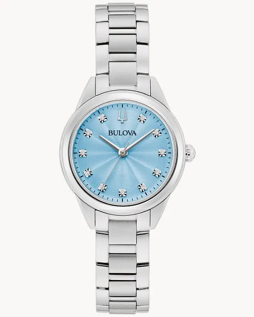 28mm Bulova 96P250 Sutton Light Blue Ladies Quartz Wristwatch Steel Diamond