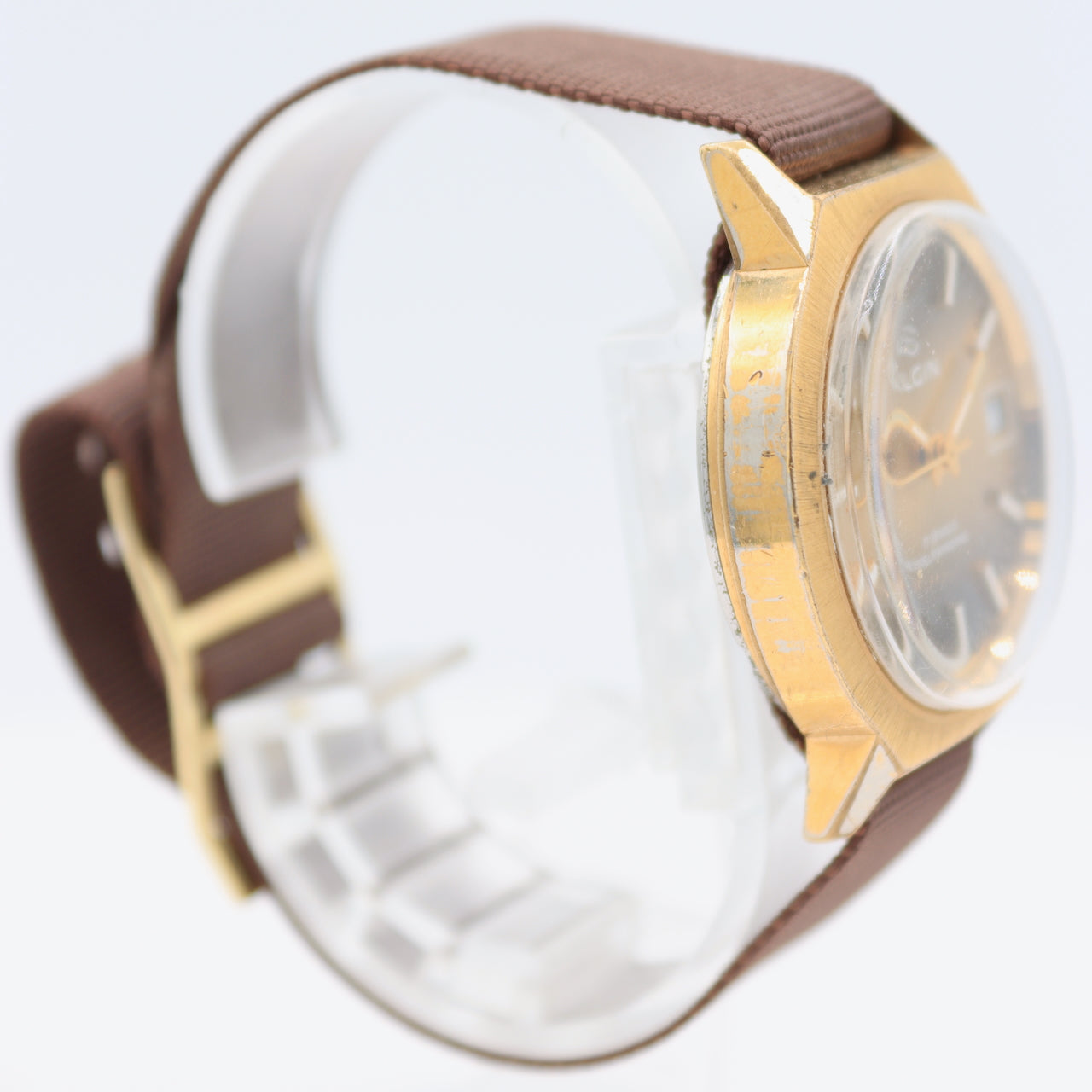 Vintage Elgin 6113 Yellow Sunburst Date Men's Automatic Wristwatch 905 Gold Tone