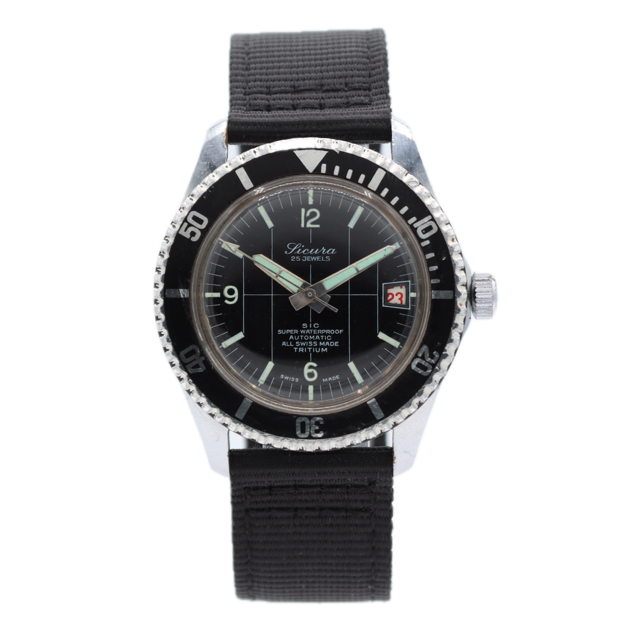 Vintage Sicura Diver Style 25 Jewel Men's Mechanical Wristwatch Swiss Steel