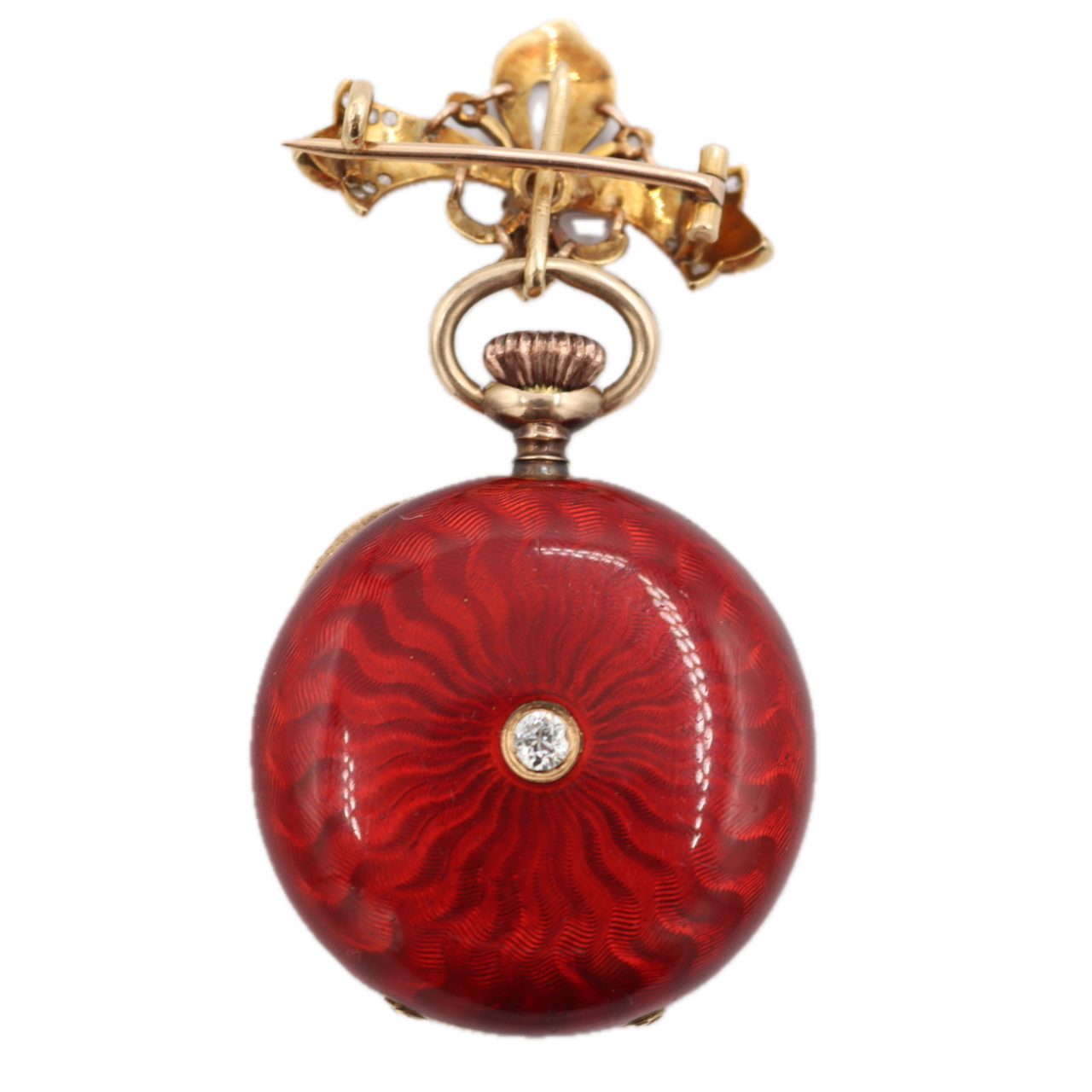 Vintage Red Enamel w Mine Cut Diamonds Mechanical Pendant Watch 14k Gold