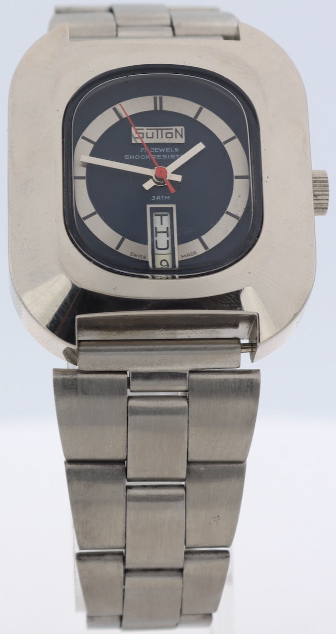 Vintage Sutton Jumbo Blue Day Date Men's Mechanical Wristwatch 582 Swiss
