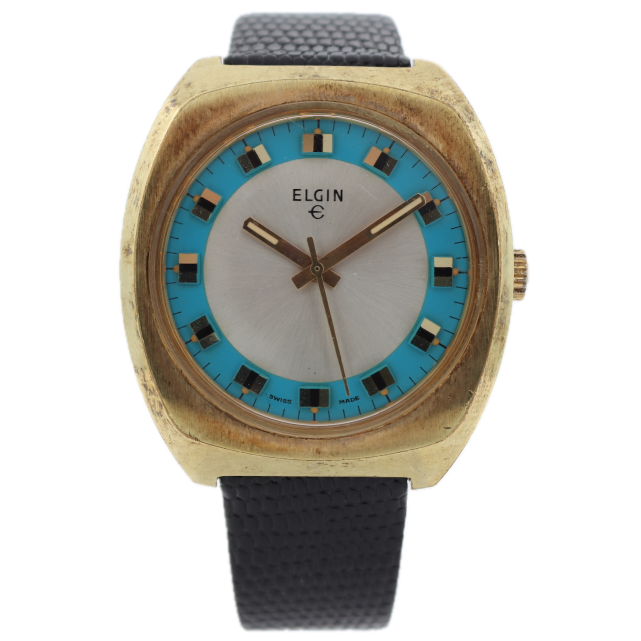 Vintage Elgin Blue Two Tone Men's Mechanical Wristwatch 327 Swiss Gold Tone