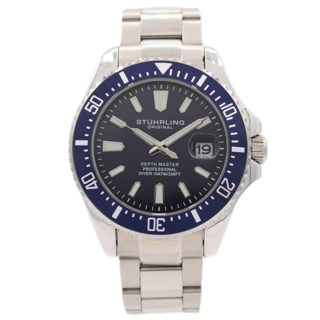44mm Stuhrling Depth Master Pro Men's Quartz Wristwatch Steel Blue Diver W/ Box