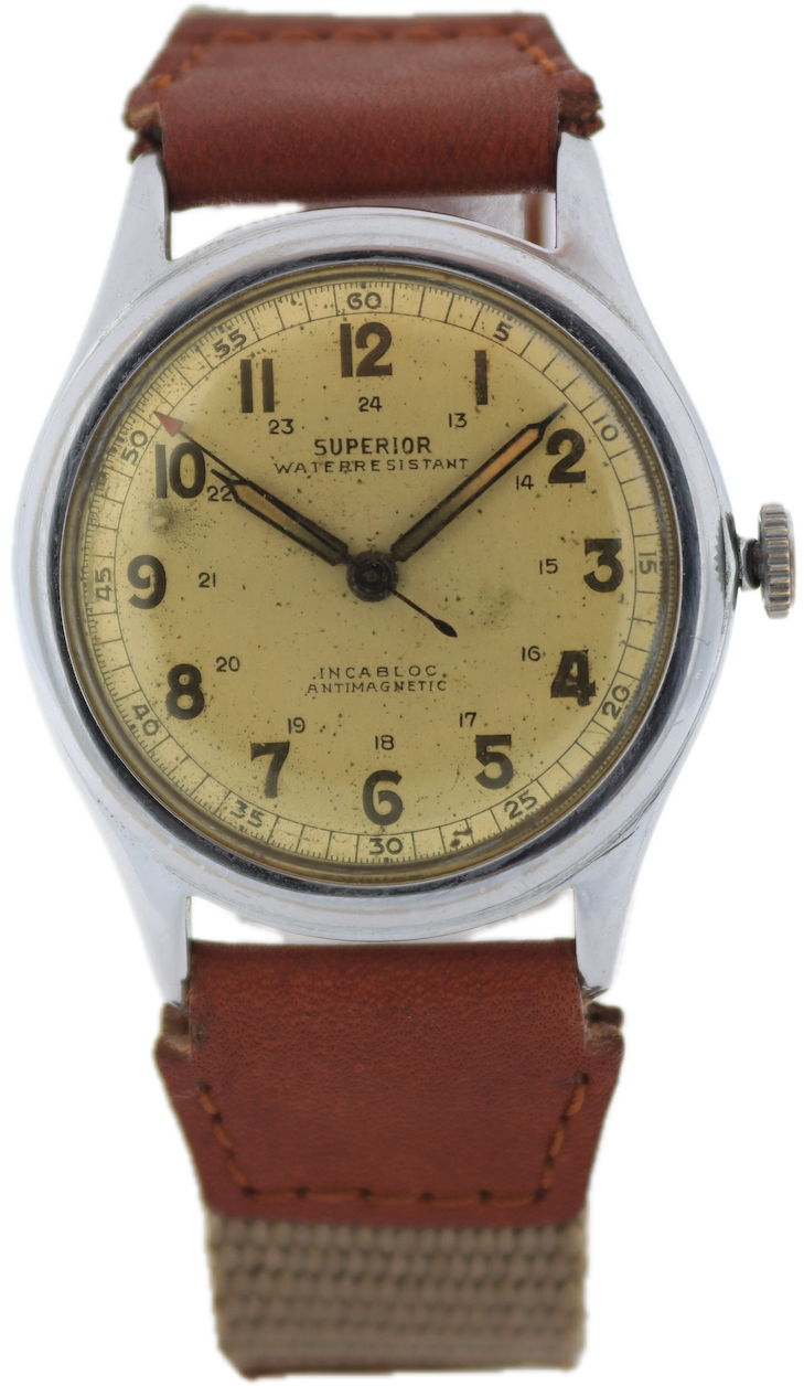 Vintage Superior Military Style Men's Mechanical Wristwatch Swiss Steel & Chrome