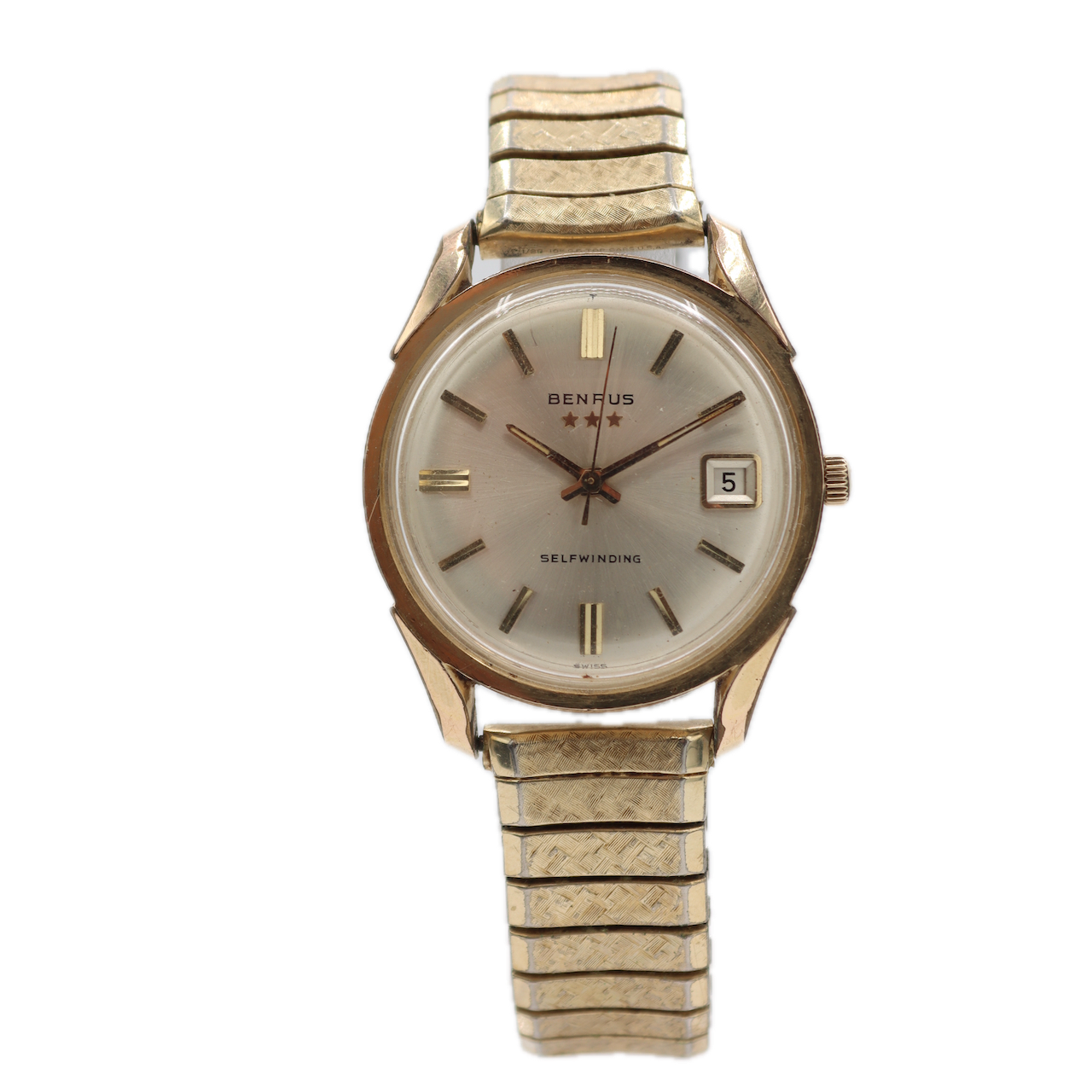 Vintage 34mm Benrus 3 Star Men's Automatic Wristwatch Swiss Gold Plated