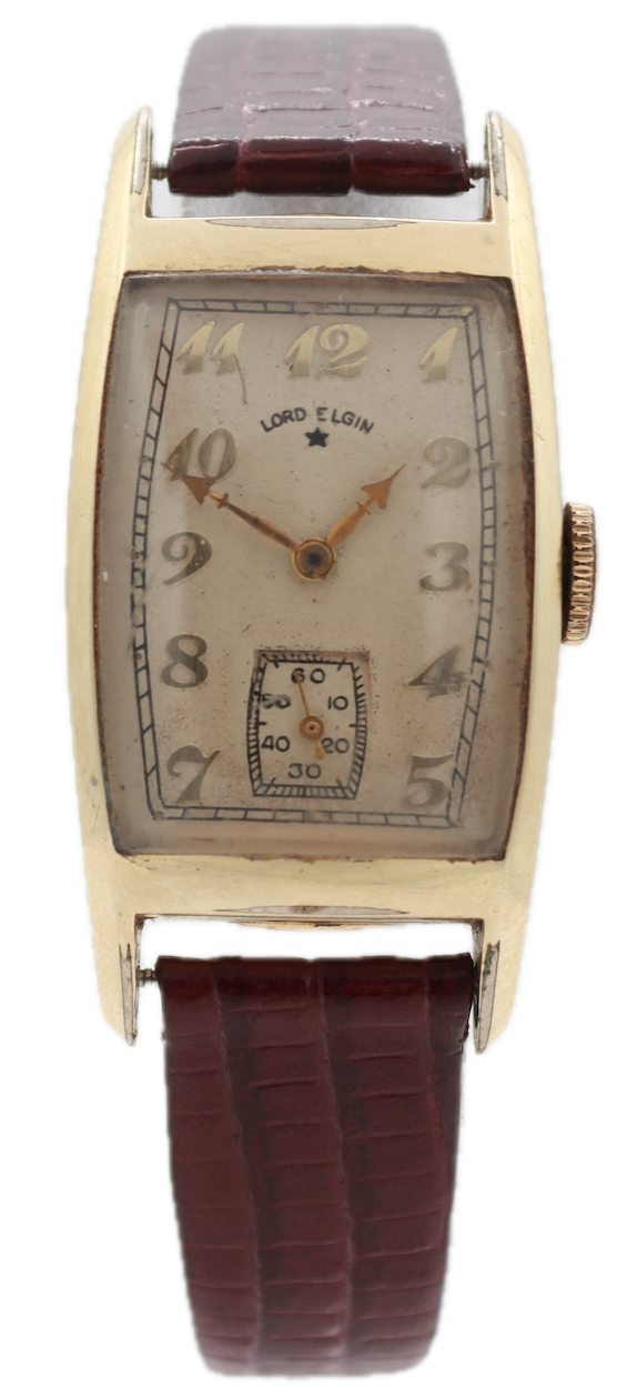 Vintage Lord Elgin Tonneau Deco Men's Mechanical Wristwatch 14k Gold Filled