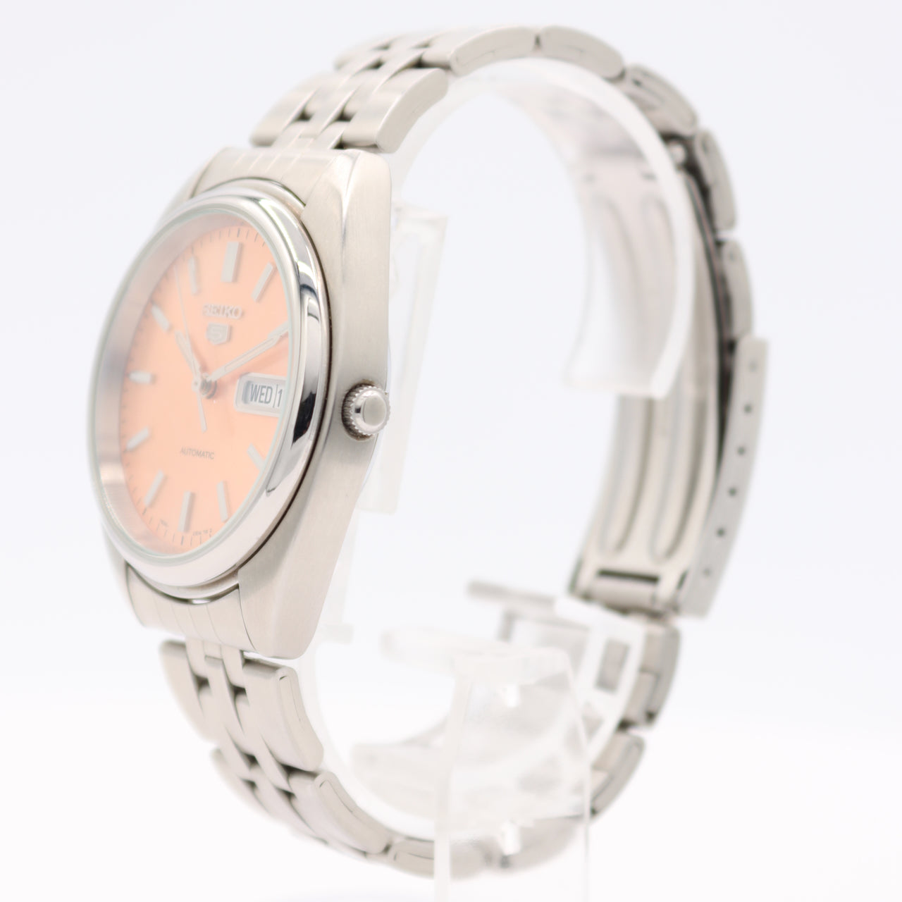 Vintage 36mm Seiko 5 Spanish Day Date Salmon Men's Automatic Wristwatch Steel