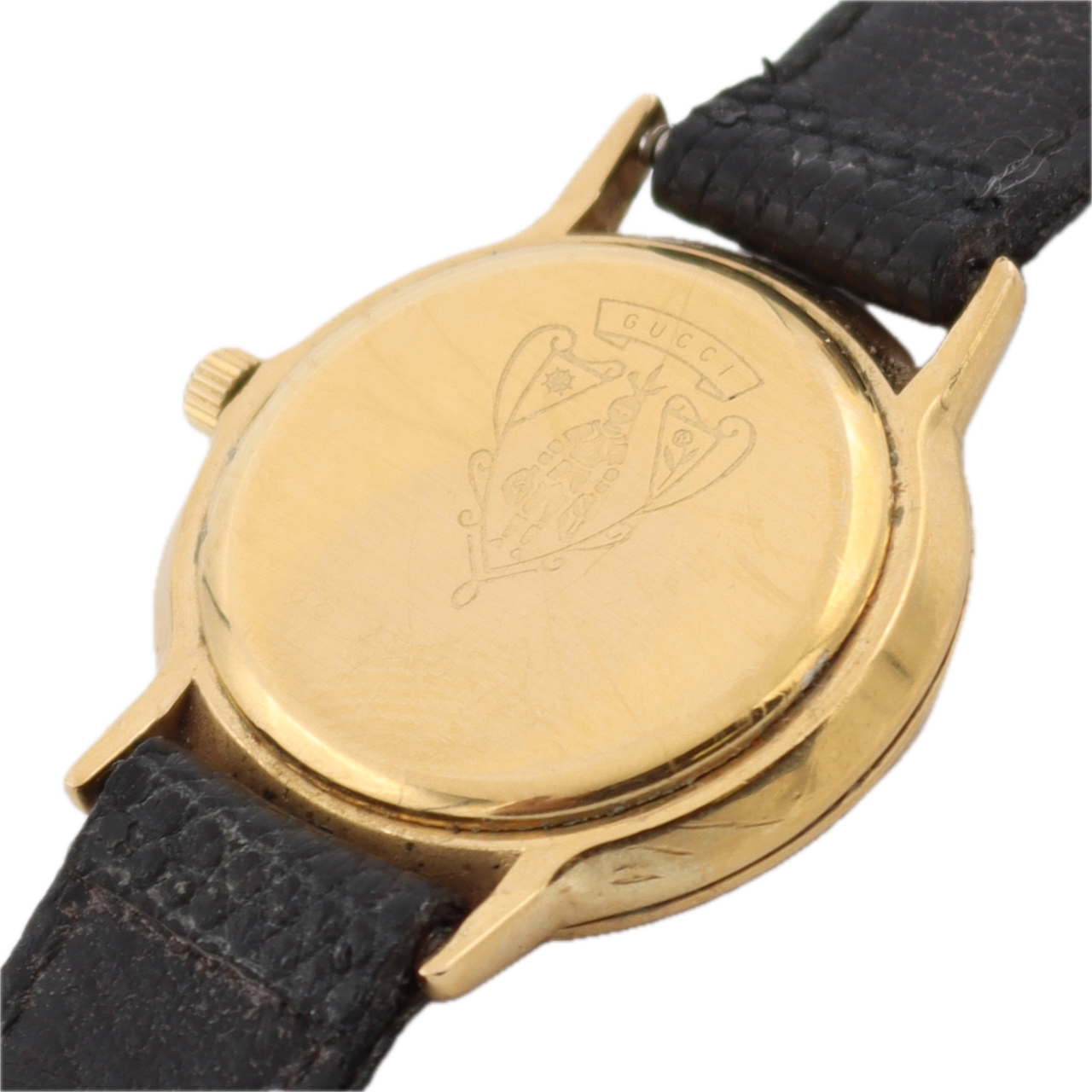 25.5mm Gucci Leather Strap Black Dial Ladies Quartz Wristwatch Swiss Gold Tone