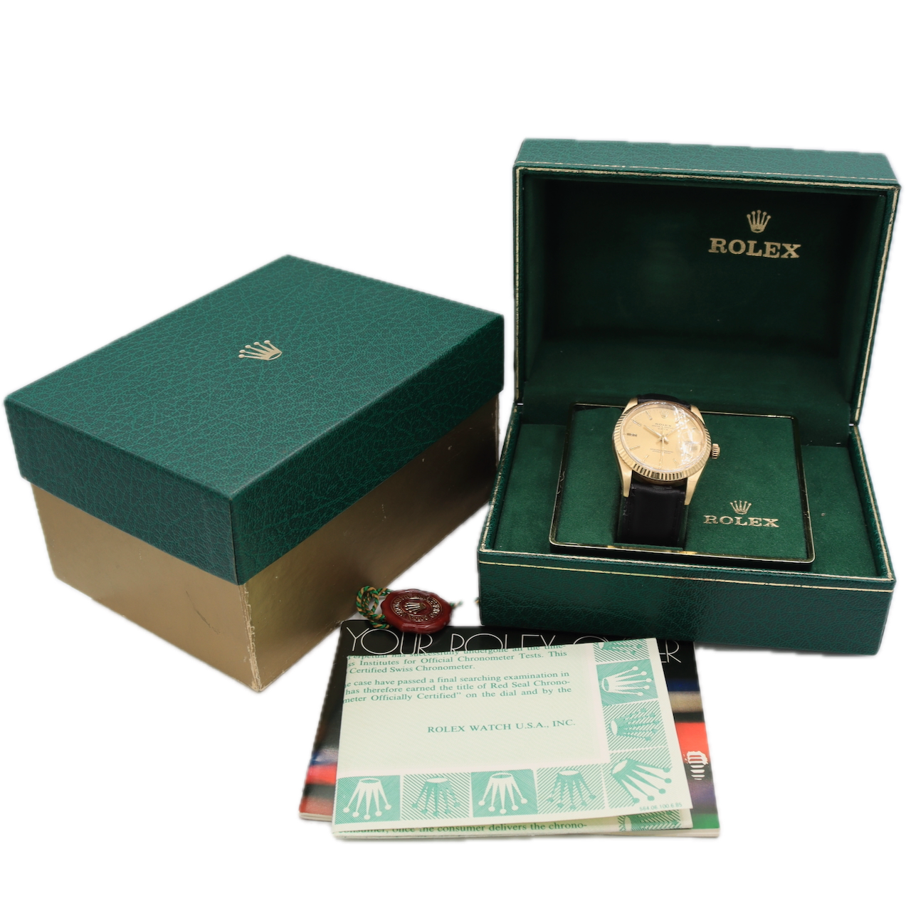 Vintage 34mm Rolex 15037 Date Men's Automatic Wristwatch 14k Gold Full Set
