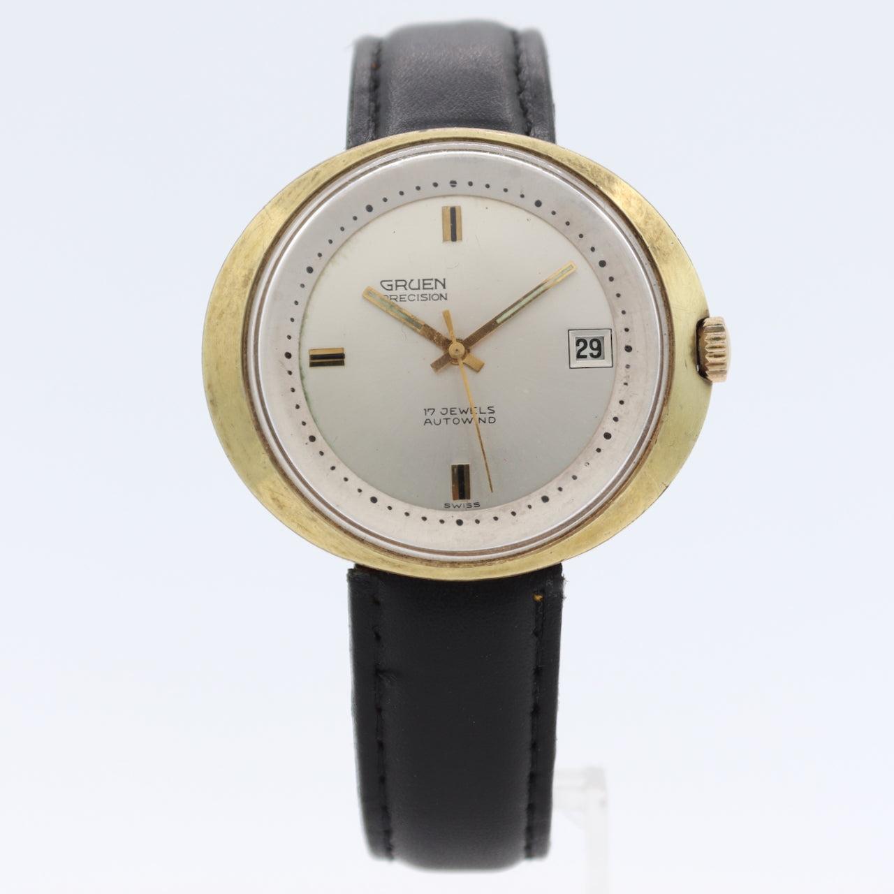 Vintage Gruen Precision UFO Men's Automatic Wristwatch Gold Tone Sunburst Date