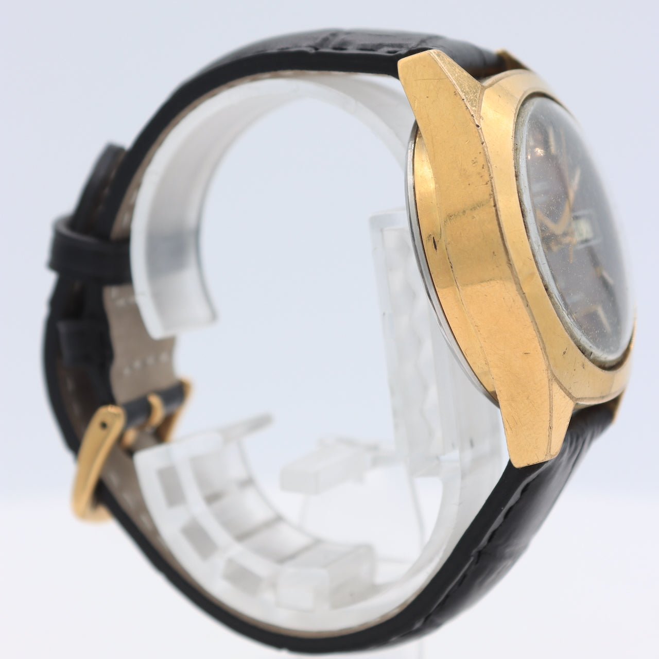 Vintage Stellaris Brown Sunburst Day Date Men's Electronic Wristwatch Gold Tone