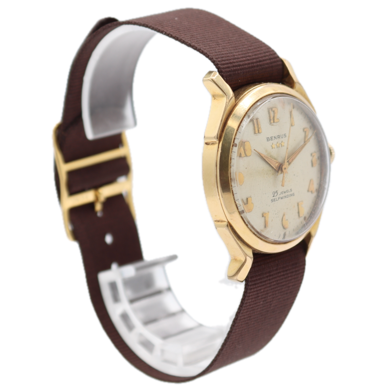 Vintage 33mm Benrus 7155 3 Star 25j Men's Automatic Wristwatch Swiss Gold Tone