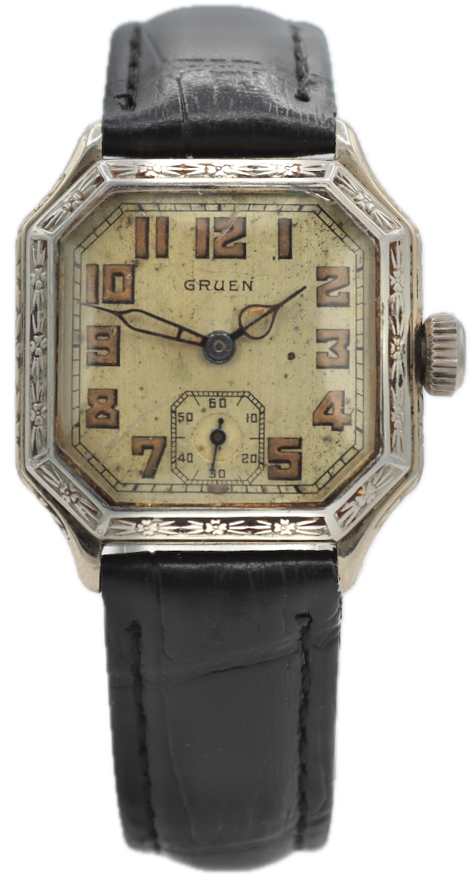 Vintage Gruen 885-7 Art Deco Men's Mechanical Wristwatch Swiss 14k White GF