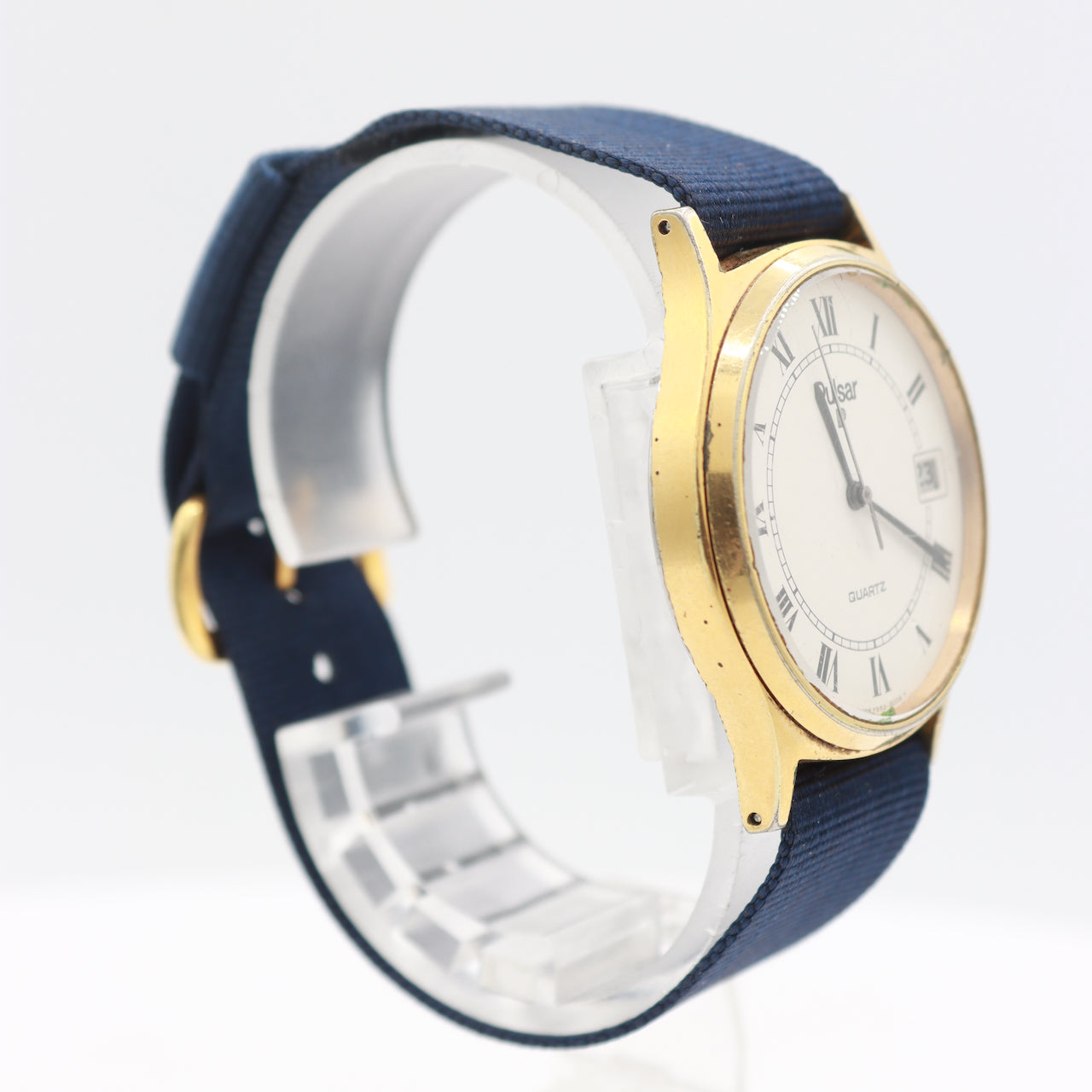 Vintage Pulsar Y552-8009 Roman Dial Date Men's Quartz Wristwatch Japan Gold Tone