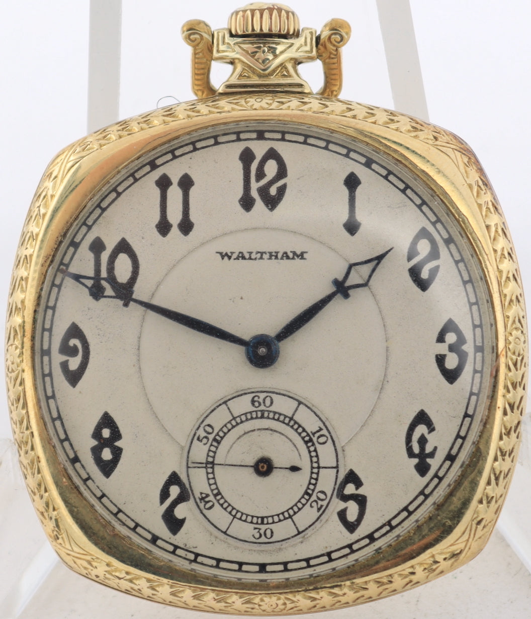 Vintage 12s 1929 Waltham Pinstriped Cushion 17 Jewel Pocket Watch 225 14k GF