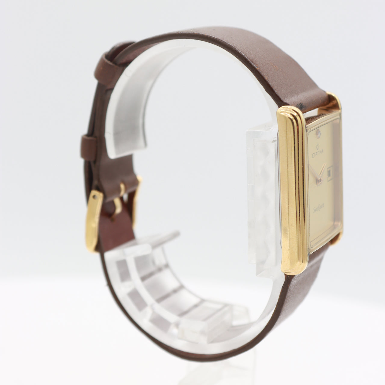 Vintage Certina Tank Style Date Ladies Quartz Wristwatch Swiss Gold Tone